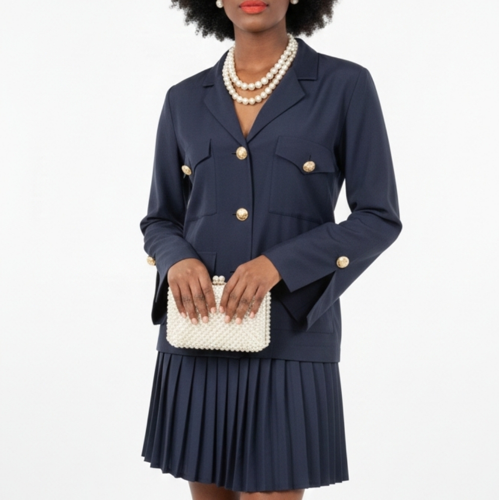 Chanel Vintage Skirt Set 40/36  Navy Blue Silk Jacket Skirt Suit